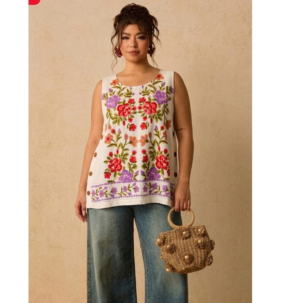 Rose + Olive 2X Floral Rayon Boho Sleeveless Top Button Side NWT Cottagecore